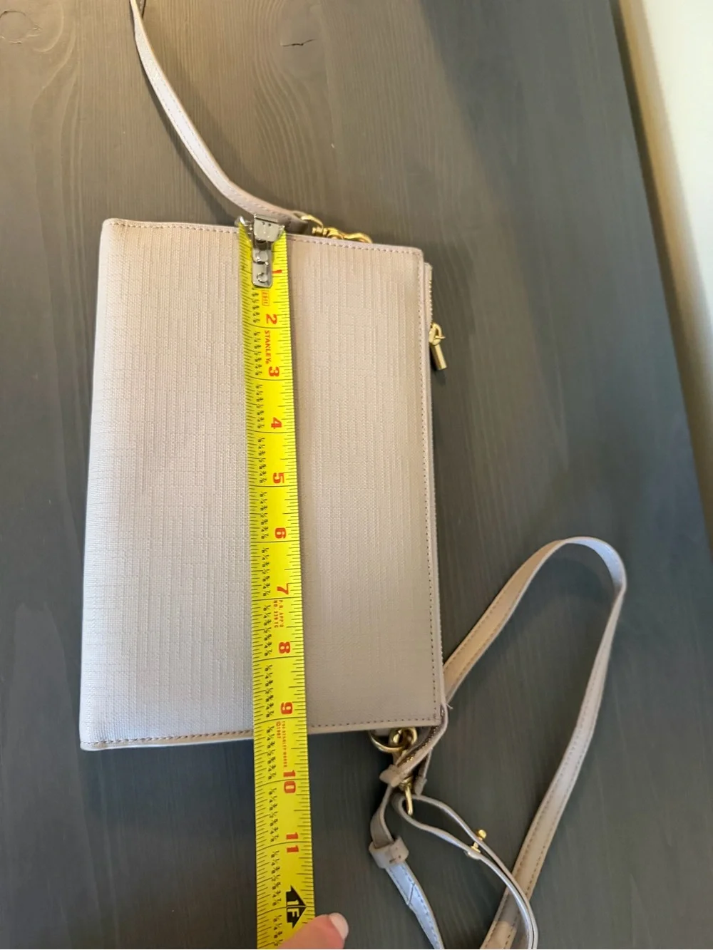 Dagne Dover Taupe Wristlet Crossbody with Gold Hardware